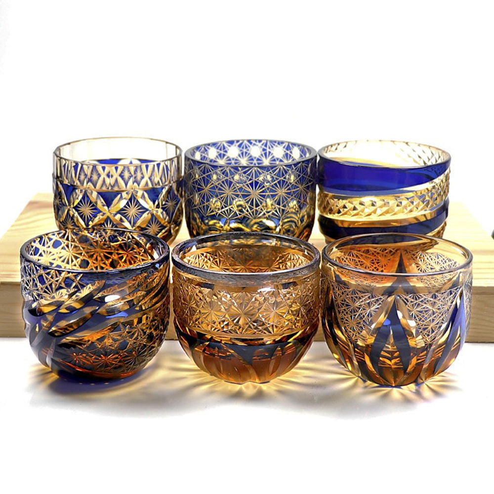 Edo Kiriko Amber Blue Chrysanthemum Whiskey Glass Tea Cup