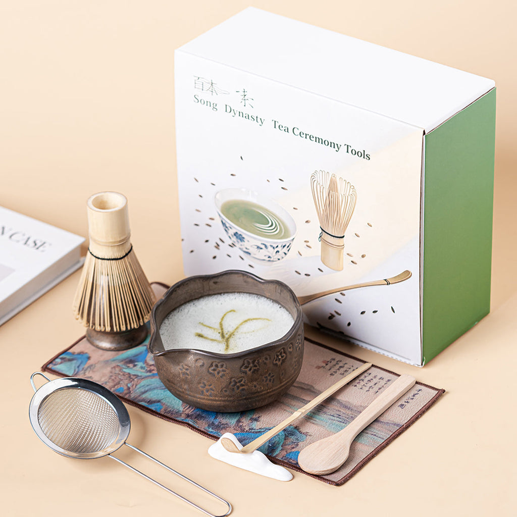 Japanese Coarse Pottery Flower Matcha Tea Set