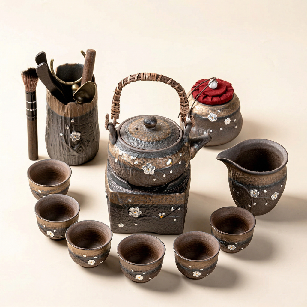 Japanese Pottery Gilded Iron Glaze Plum Blossoms Tea Set