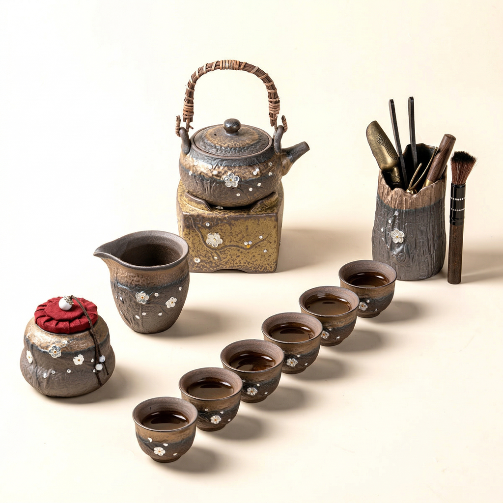 Japanese Pottery Gilded Iron Glaze Plum Blossoms Tea Set
