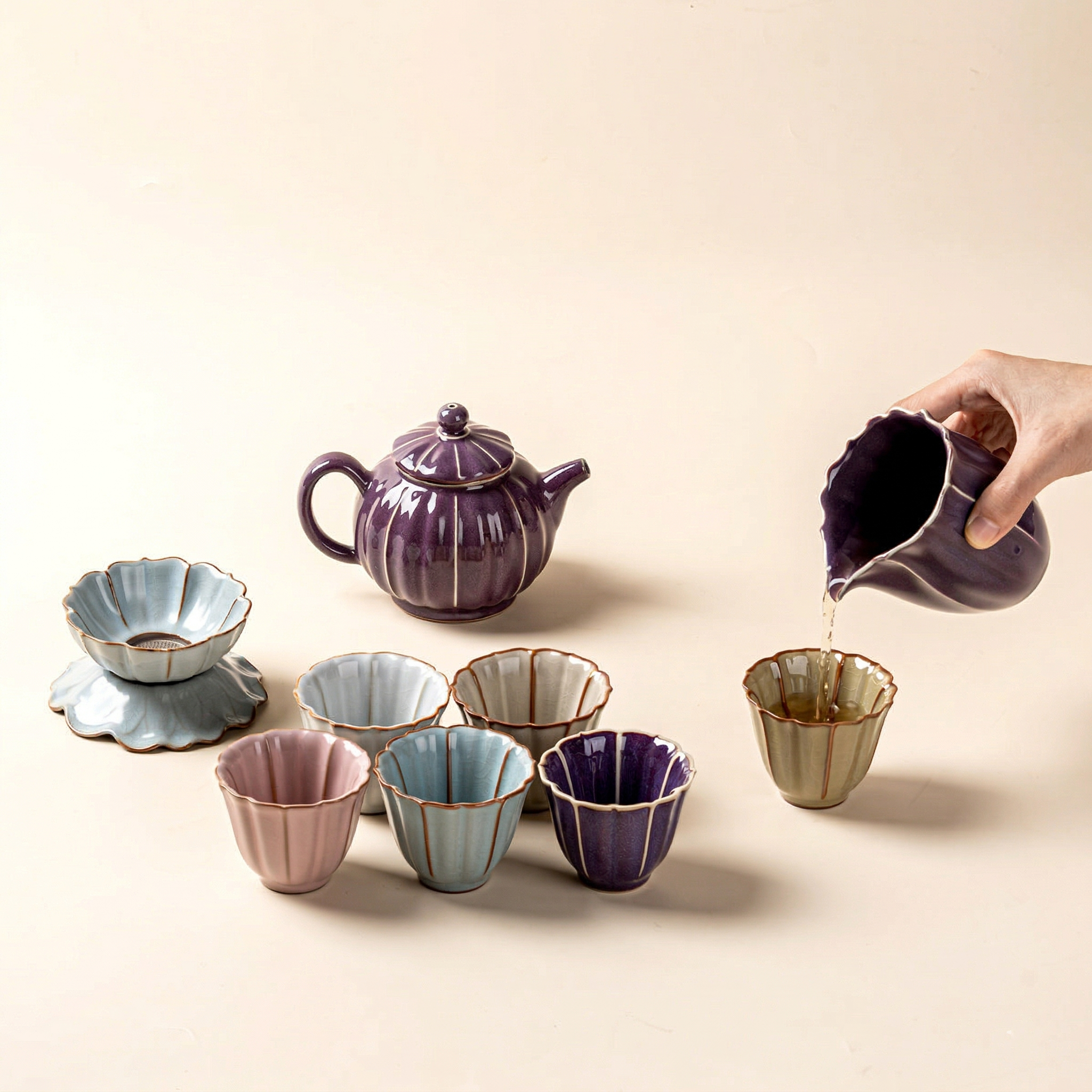 Chinese Jun Kiln Lotus Porcelain Tea Set
