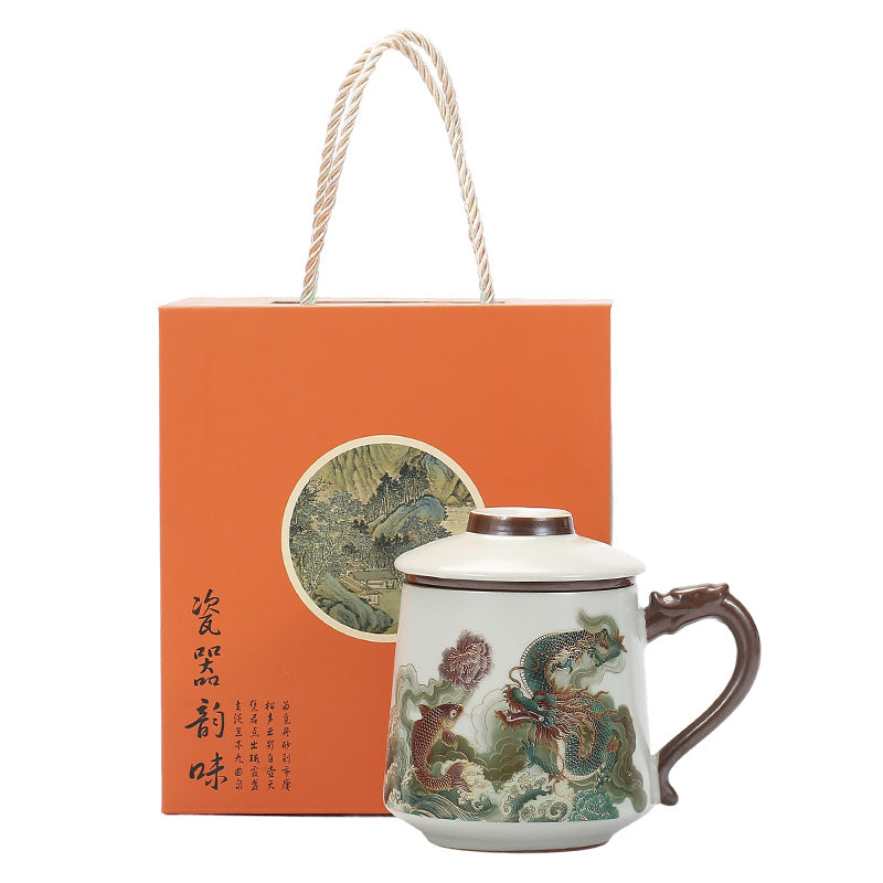 Ru Kiln Dunhuang Office Mug – Ceramic Chinese Tea Cup with Lid & Infuser, Gift Box Included