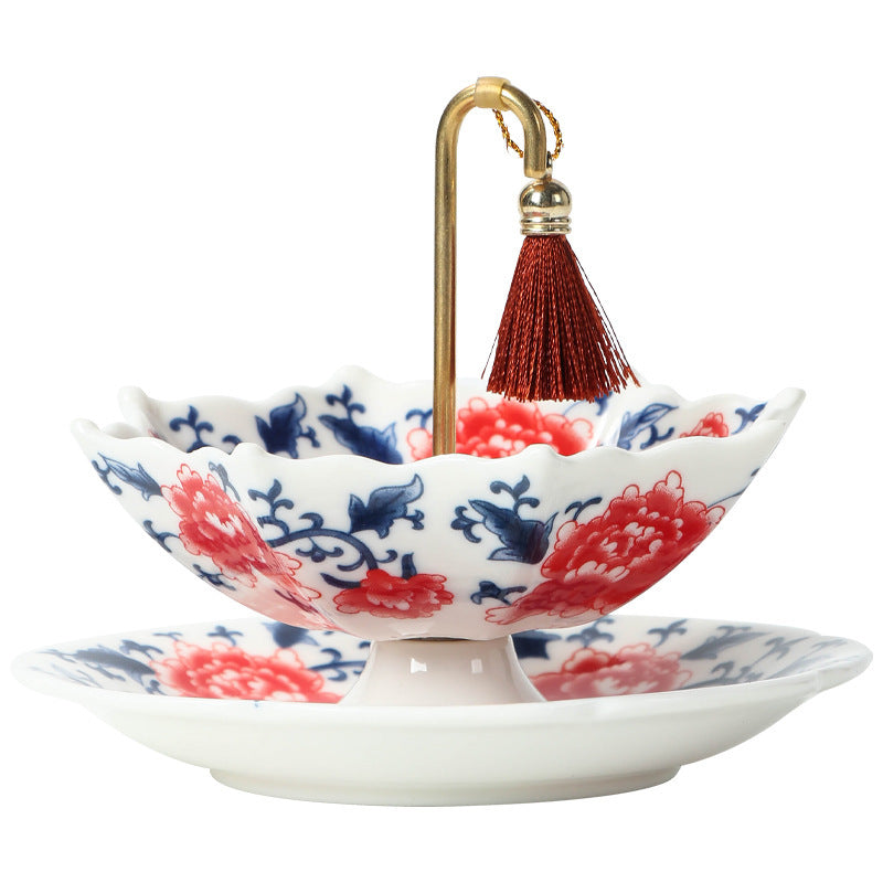 Blue and White Porcelain Umbrella Tea Strainer with Matching Saucer