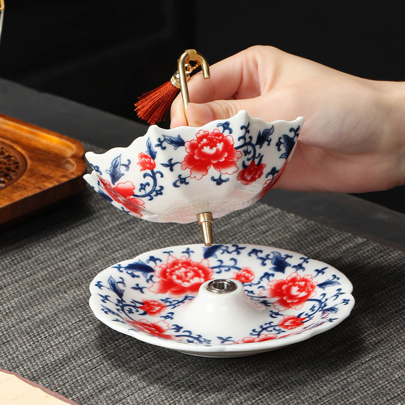 Blue and White Porcelain Umbrella Tea Strainer with Matching Saucer