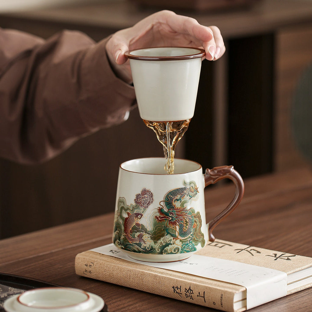 Ru Kiln Dunhuang Office Mug – Ceramic Chinese Tea Cup with Lid & Infuser, Gift Box Included
