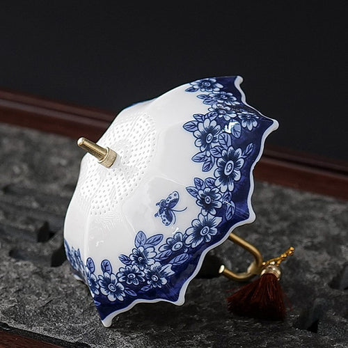 Blue and White Porcelain Umbrella Tea Strainer with Matching Saucer