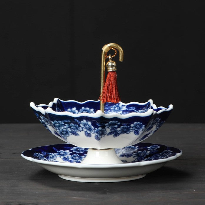 Blue and White Porcelain Umbrella Tea Strainer with Matching Saucer