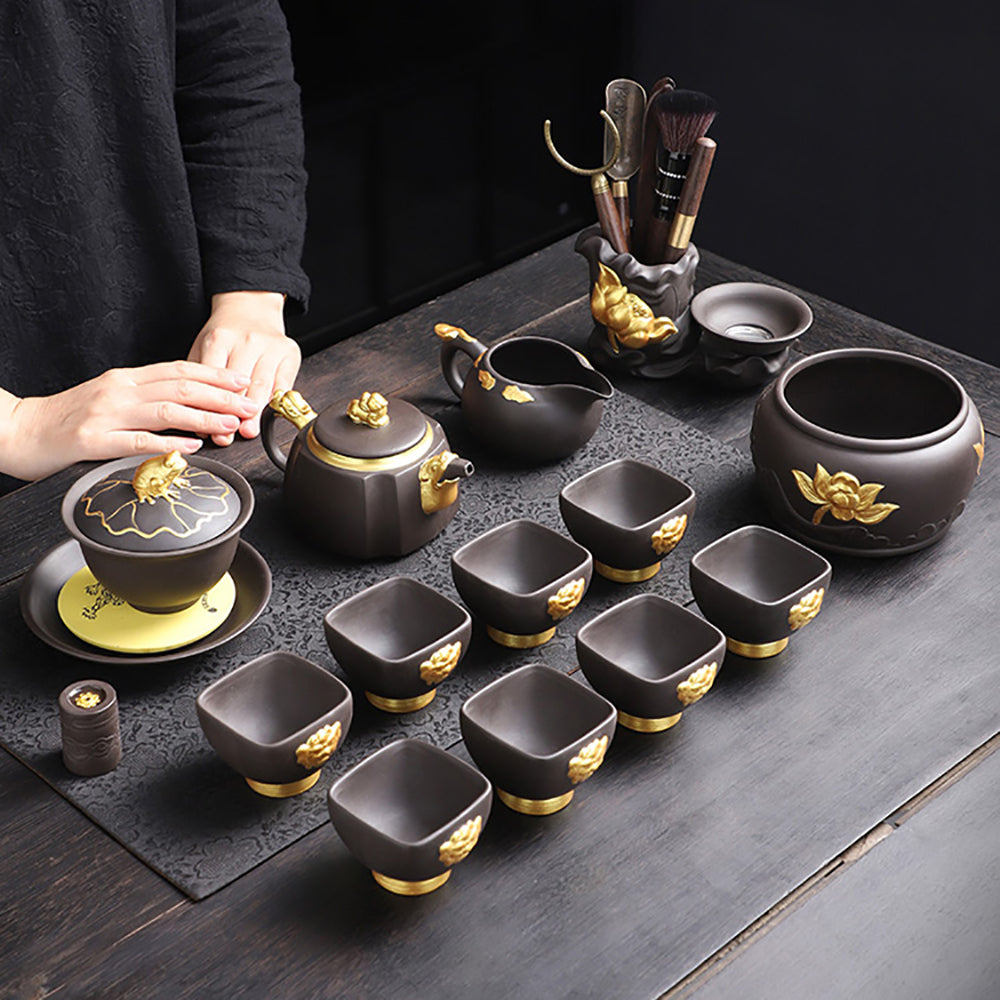 Purple Clay Black Gold Dragon Chinese Tea Set