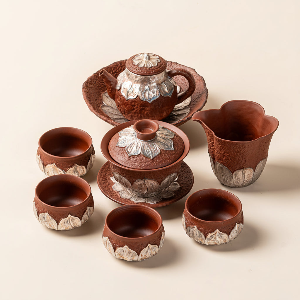Red Pottery Silver-Gilt Lotus Chinese Tea Set