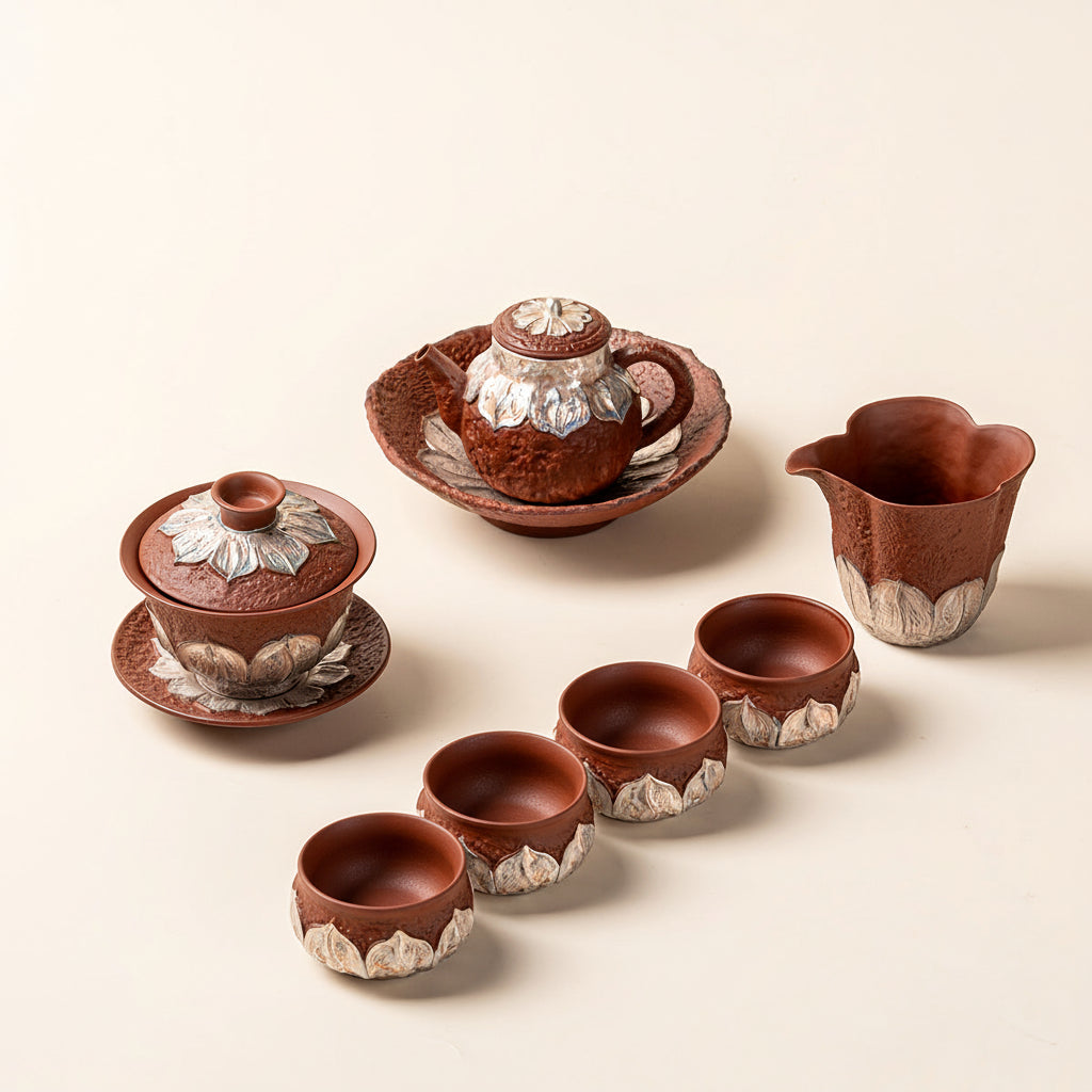 Red Pottery Silver-Gilt Lotus Chinese Tea Set