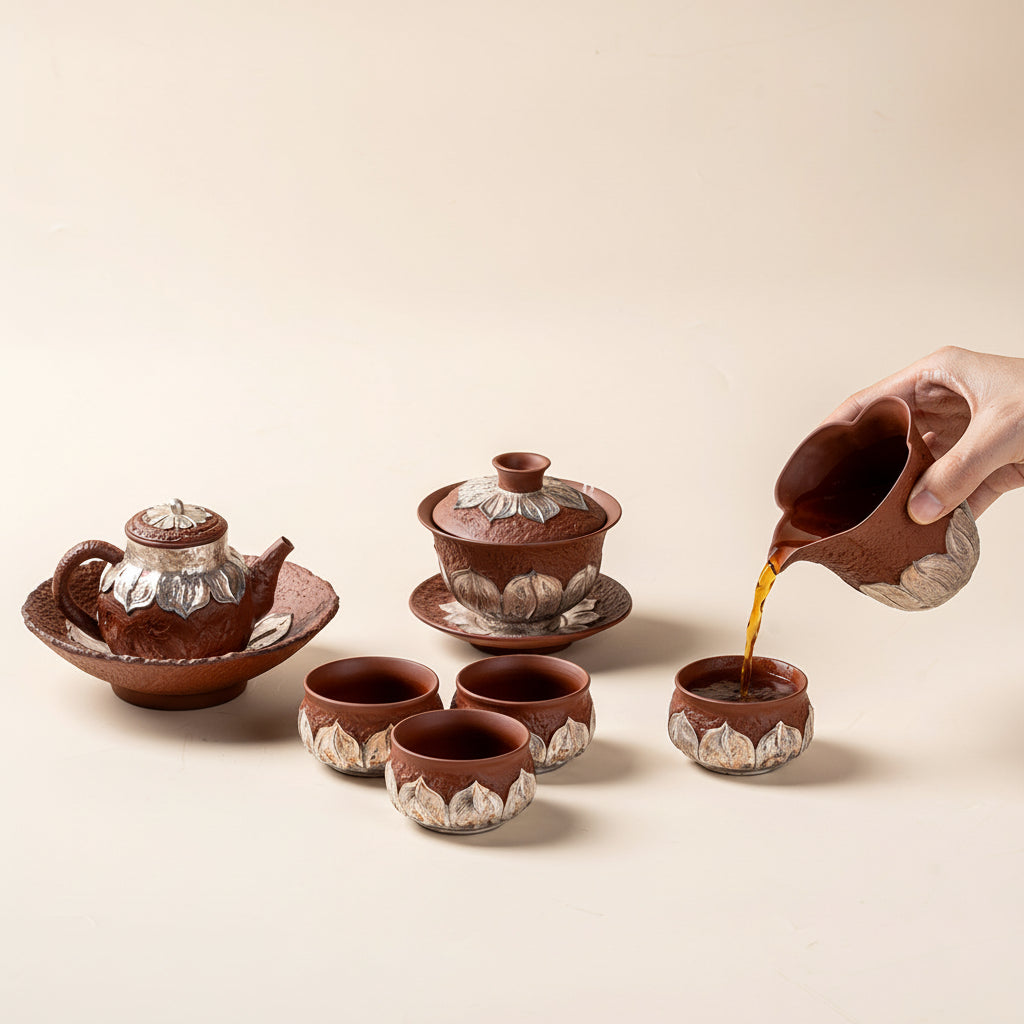Red Pottery Silver-Gilt Lotus Chinese Tea Set