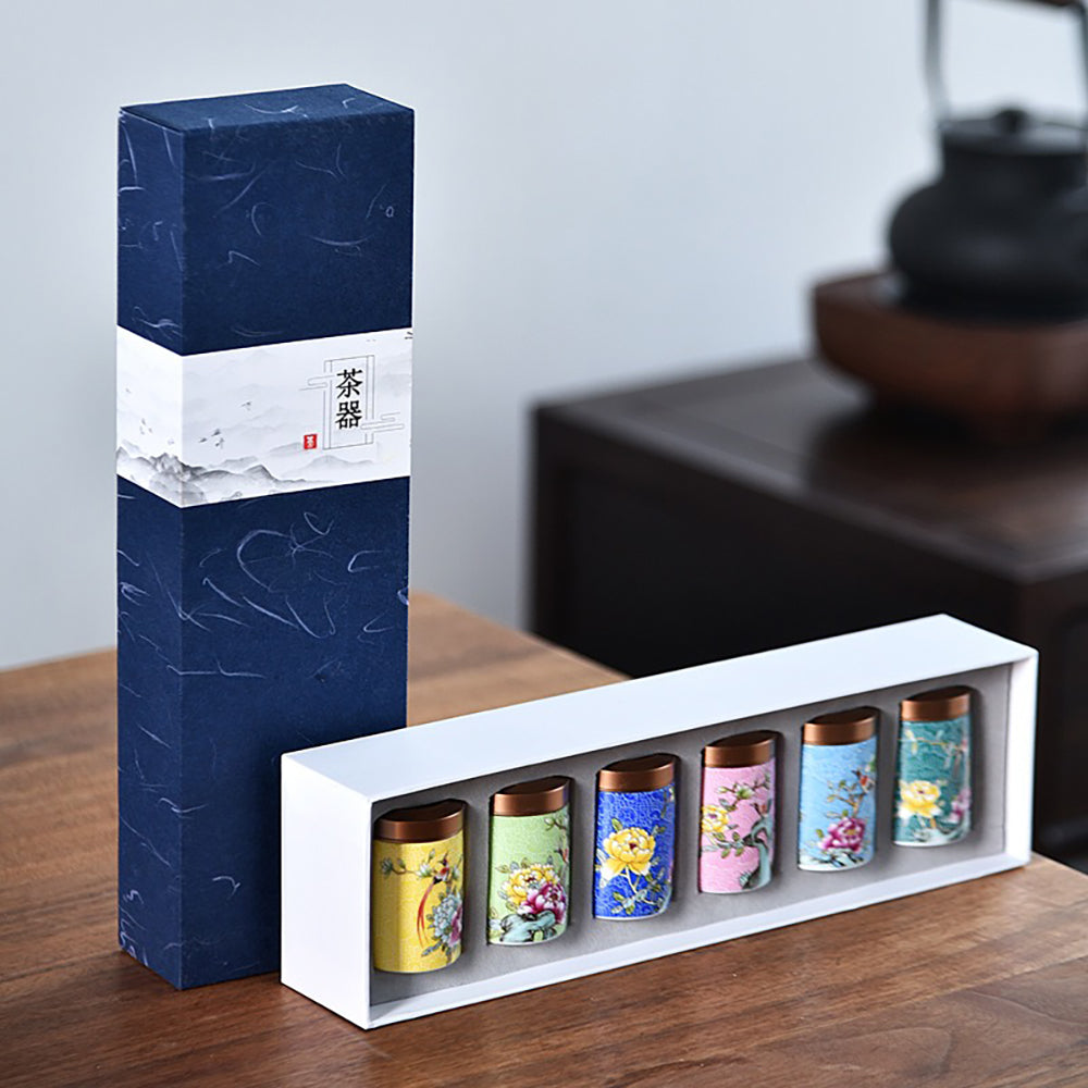 Magpie and Flower Enamel Six Tea Caddies Set