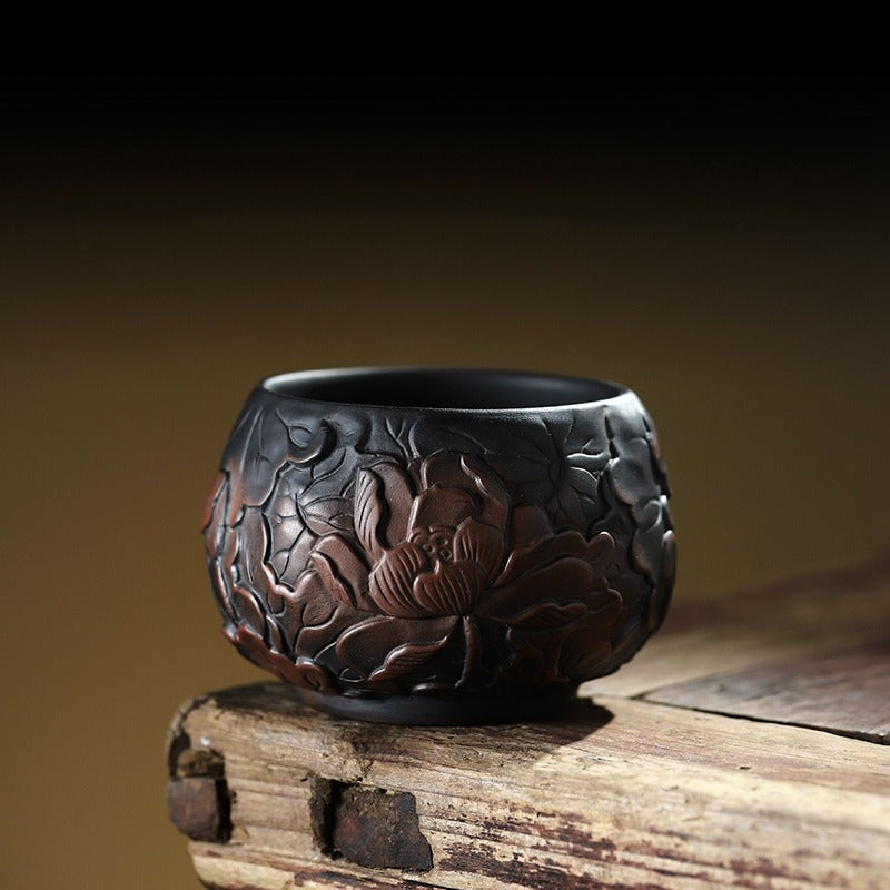 Black Pottery Relief Lotus Kung Fu Tea Cup