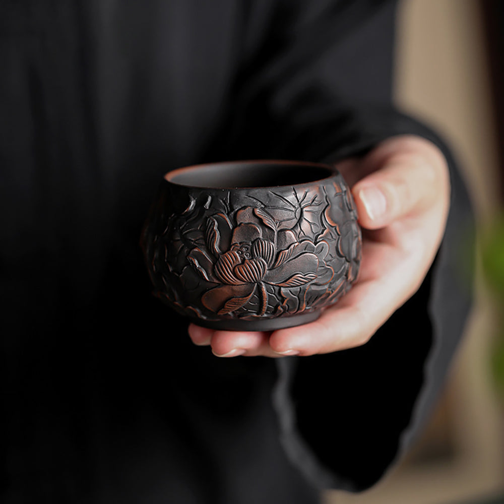 Black Pottery Relief Lotus Kung Fu Tea Cup