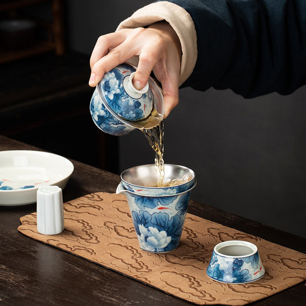 Enamel Porcelain Silver Lotus Chinese Tea Set