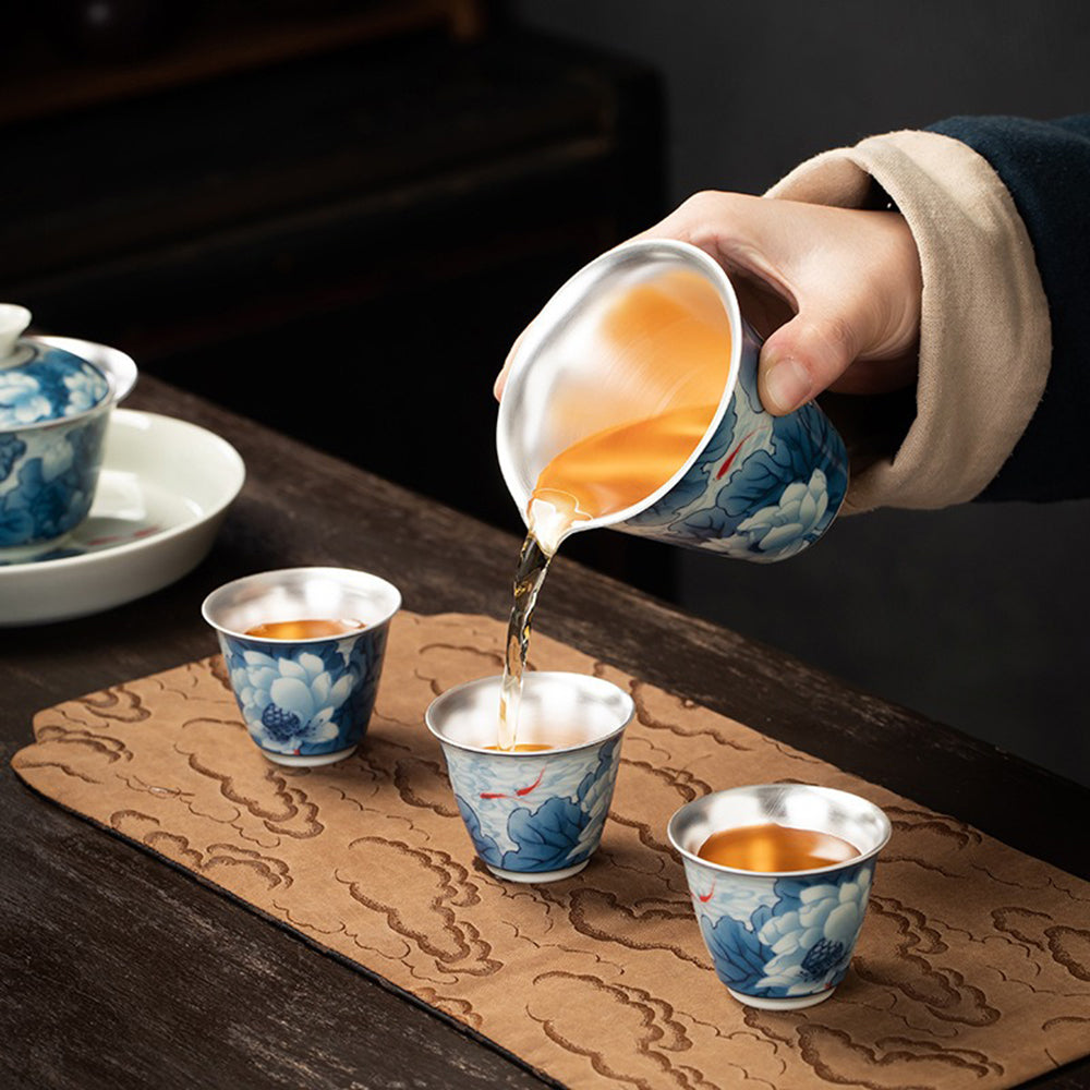 Enamel Porcelain Silver Lotus Chinese Tea Set