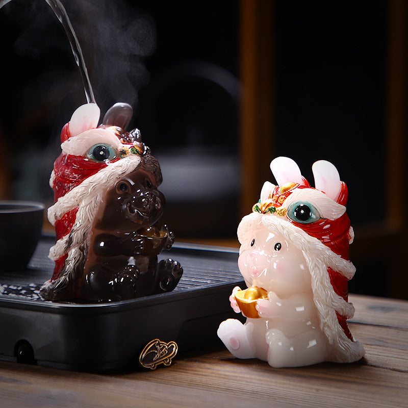 Color-Changing Lion Dance Rabbit Tea Pet – Jade Effect, Resin Figurine