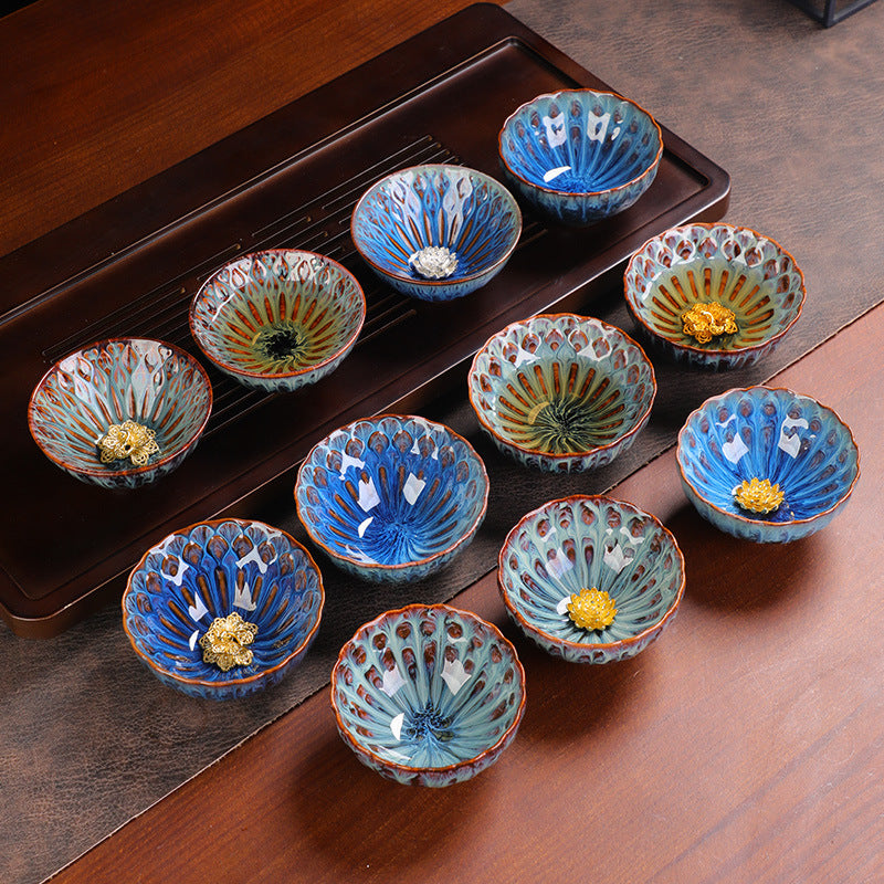 Kiln-Changed Glaze Tea Cup – Handcrafted Ceramic Gongfu Tea Cups with Metallic Inlay