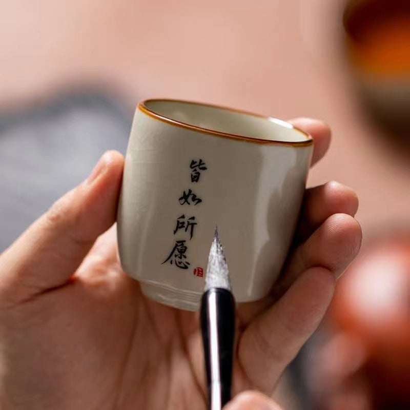 Jingdezhen Style Chinese Tea Cup – Yellow Ru Ware “All Wishes Come True”, 150ml