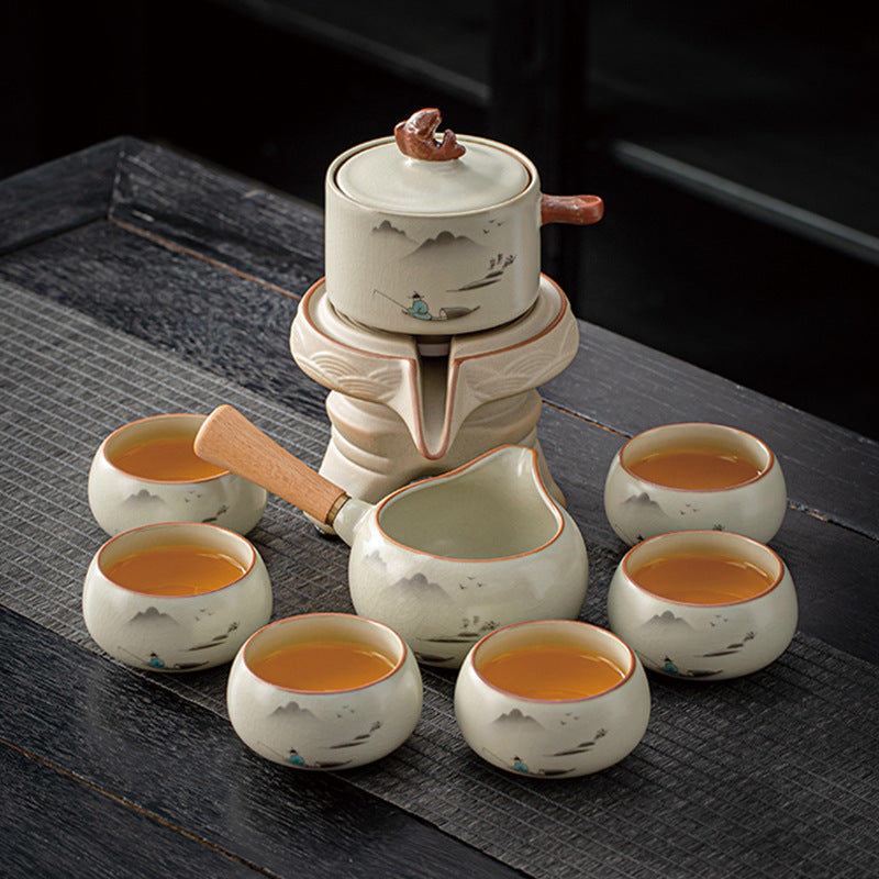 Automatic Tea Set – Ru Ware Style, Hand-Painted Fishing Scene, 6-Person Set