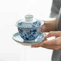 Blue and White Porcelain Gaiwan – Wanfu Pattern, 170ml, Ru Ware Style