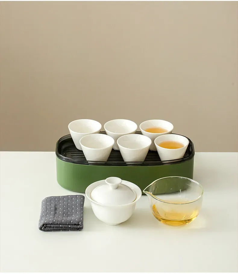 Portable Gongfu Tea Set for Travel – 6 Cups White Porcelain Tea Kit with Storage Case
