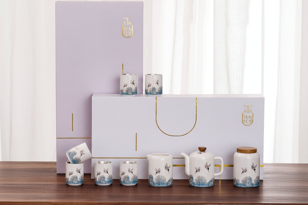 Jade Porcelain Tea Set With Inner Silver